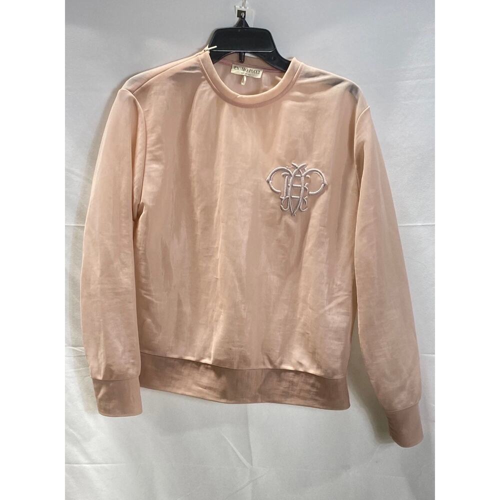 EMILIO PUCCI Pink Sheer Embroidered Monogram Nylon Sweatshirt Top SZ. S